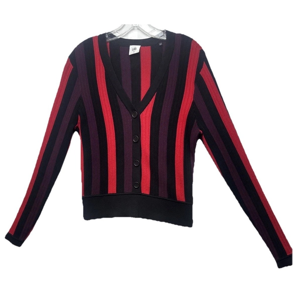 Cabi Cardigan Medium Fall Royal Stripe Pullover V‎ Neck Textured Ribbed Sweater